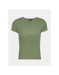 T-shirt slim côtelé boutonné kaki femme - Tommy Jeans
