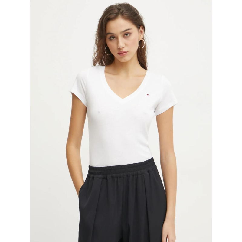 T-shirt col v slim uni blanc femme - Tommy Jeans