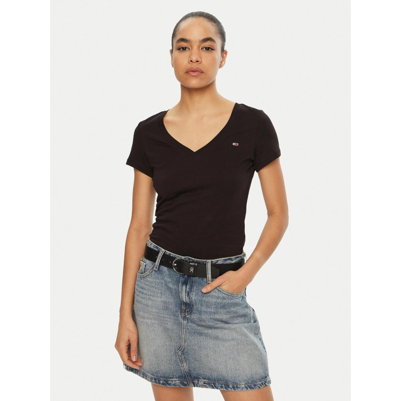 T-shirt col v slim uni noir femme - Tommy Jeans
