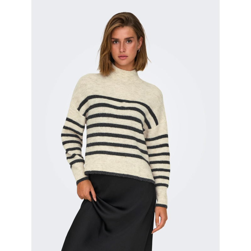 Pull rayé col montant fridi beige gris femme - Only