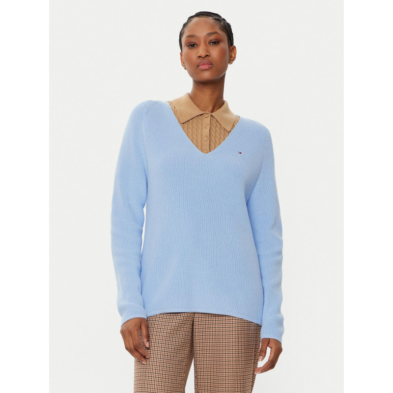 Pull uni col v logo bleu femme - Tommy Hilfiger