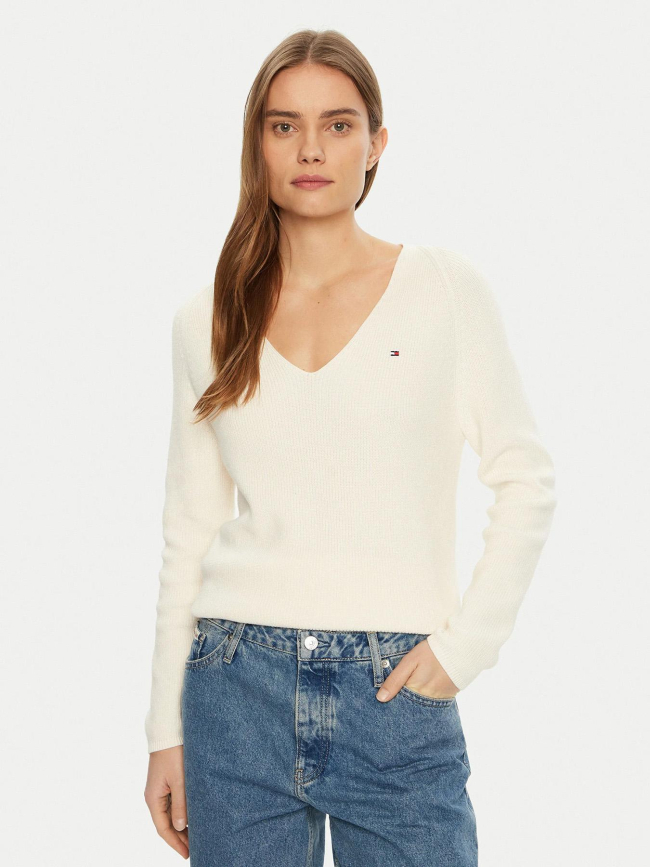 Pull uni col v logo blanc femme - Tommy Hilfiger