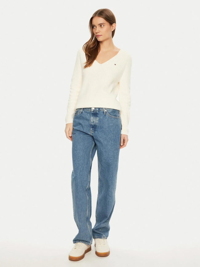 Pull uni col v logo blanc femme - Tommy Hilfiger