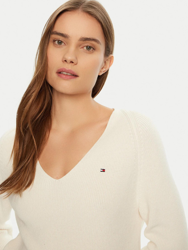 Pull uni col v logo blanc femme - Tommy Hilfiger