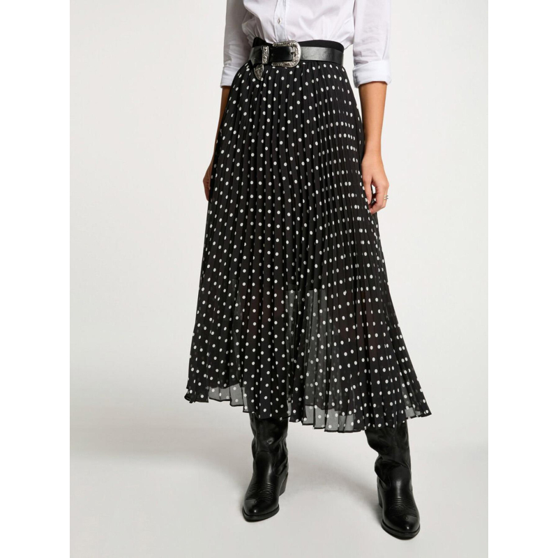 Jupe longue plissée à pois noir femme - Morgan