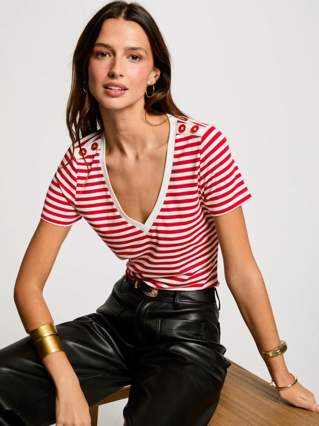 T-shirt col v à rayures brillantes dina rouge femme - Morgan
