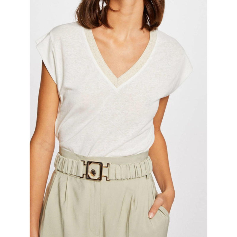 T-shirt lin col v paillette dame blanc femme - Morgan