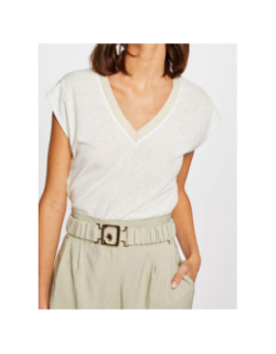 T-shirt lin col v paillette dame blanc femme - Morgan