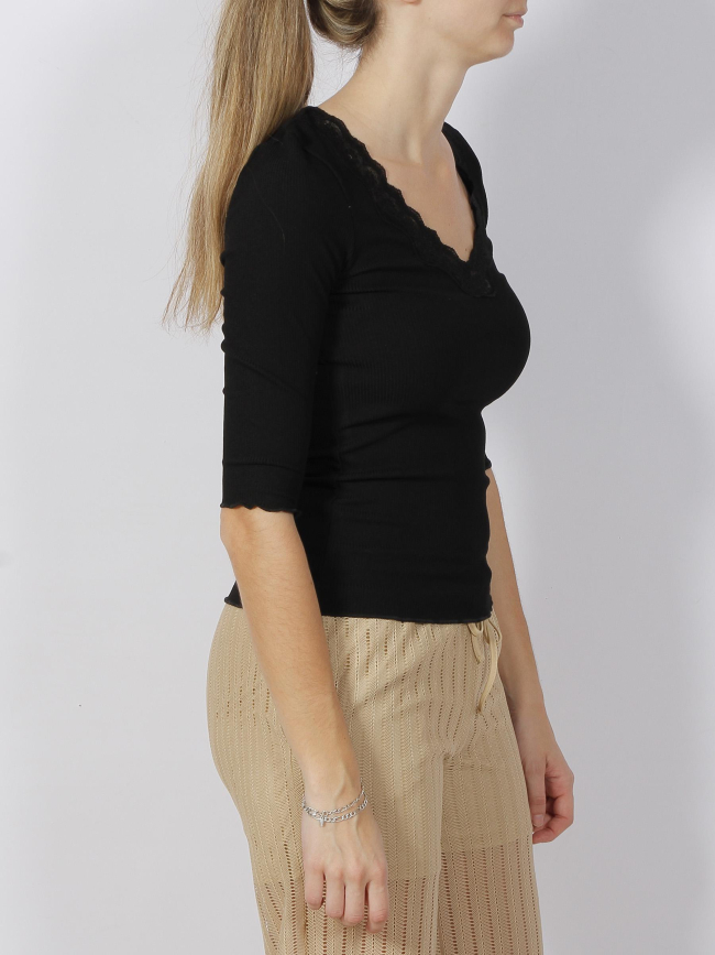 Top manches 3/4 col dentelle côtelé noir femme - Salsa