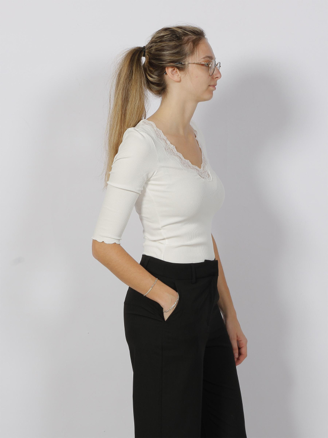 Top manches 3/4 col dentelle côtelé blanc femme - Salsa