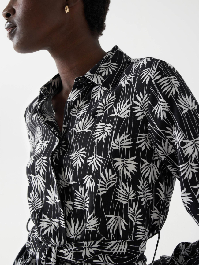 Robe chemise ceinture feuillage blanc noir femme - Salsa