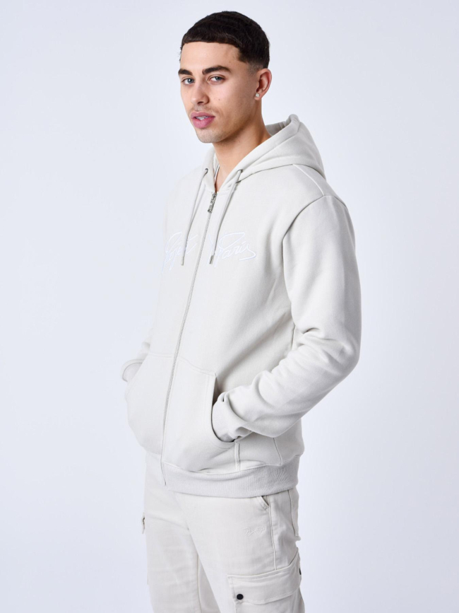 Sweat zippé à capuche logo brodé beige homme - Project X Paris