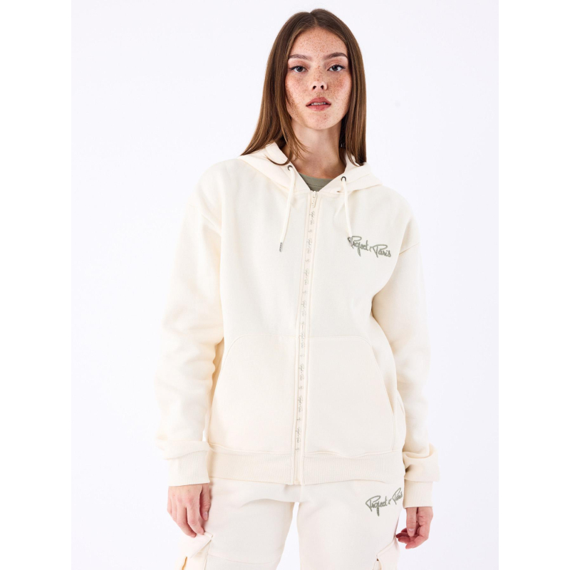 Sweat à capuche zippé logo brodé beige femme - Project X Paris