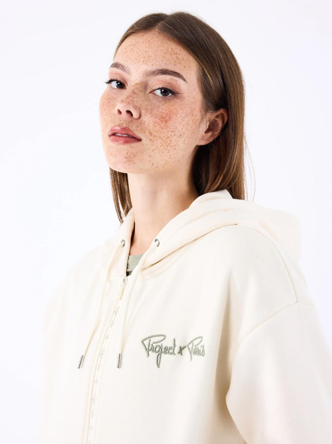 Sweat à capuche zippé logo brodé beige femme - Project X Paris