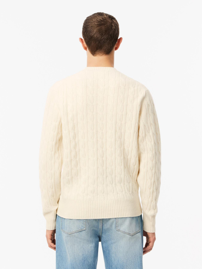 Pull col rond torsadé en laine cardée blanc homme - Lacoste