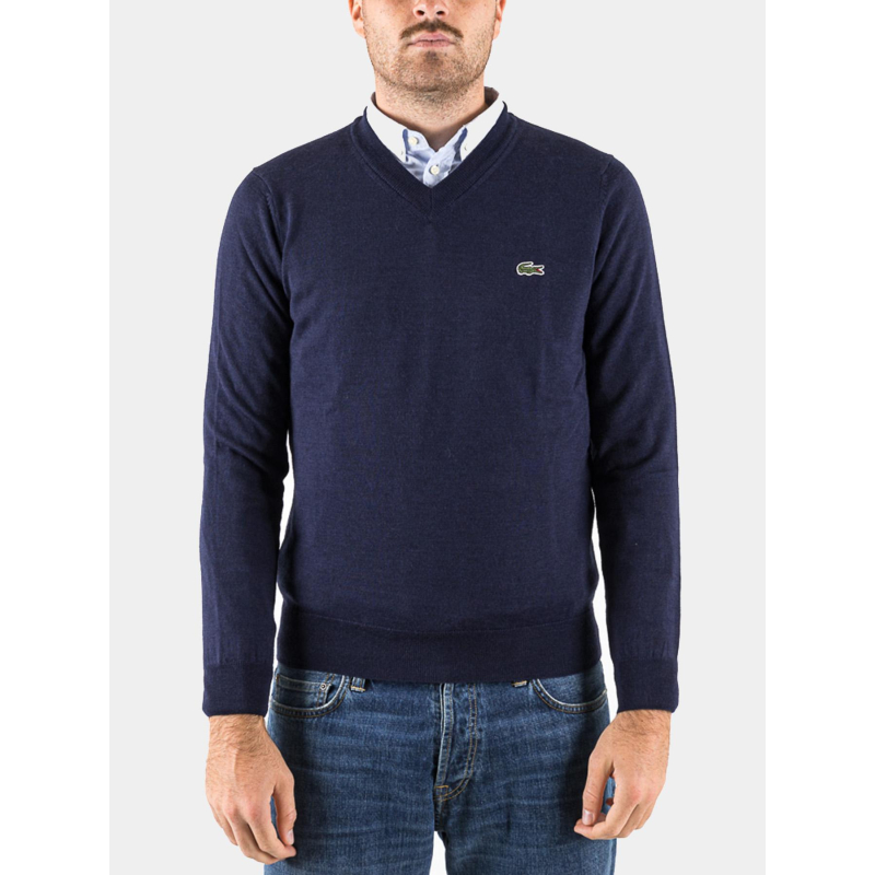 Pull fin à col en v bleu marine homme - Lacoste