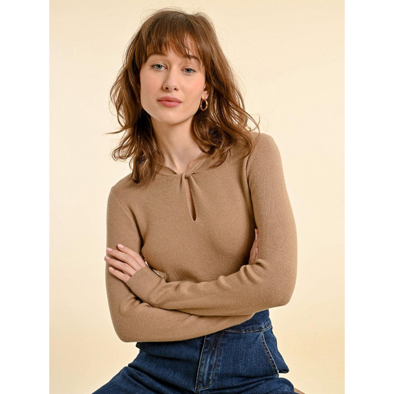 Pull fin col ouvert marron femme - Molly Bracken