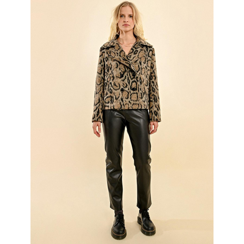 Veste courte croisée paletot léopard beige femme - Molly Bracken