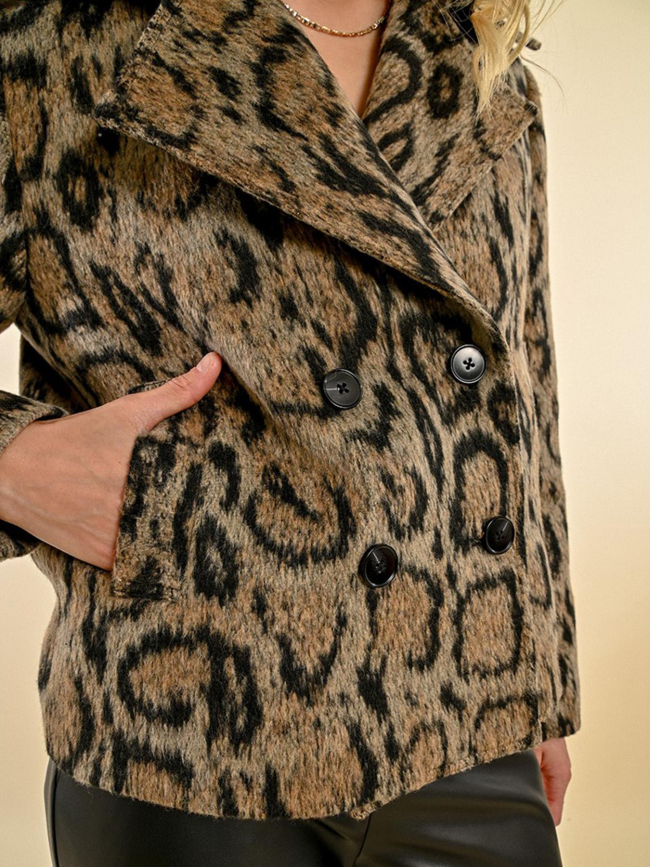 Veste courte croisée paletot léopard beige femme - Molly Bracken