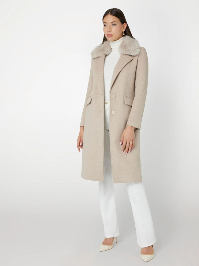 Manteau long col fausse fourrure nancy beige femme - Guess