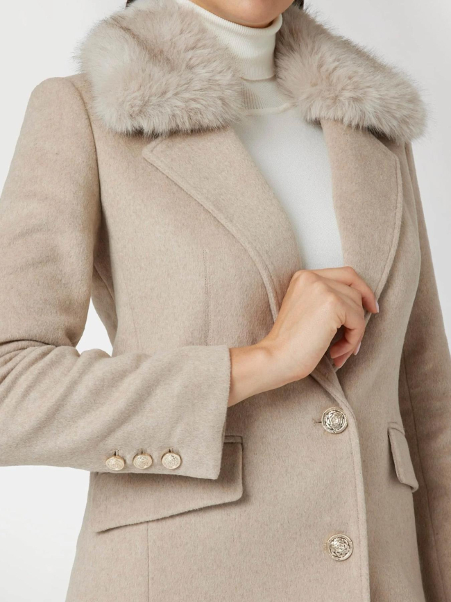 Manteau long col fausse fourrure nancy beige femme - Guess