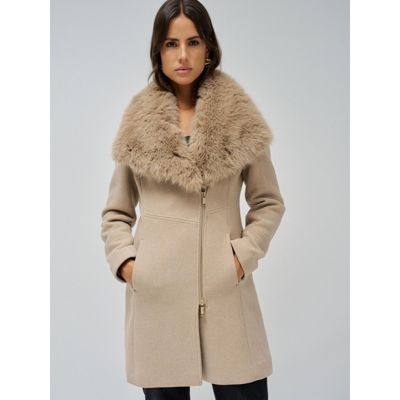Manteau en laine col fausse fourrure beige femme - Salsa