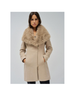 Manteau en laine col fausse fourrure beige femme - Salsa