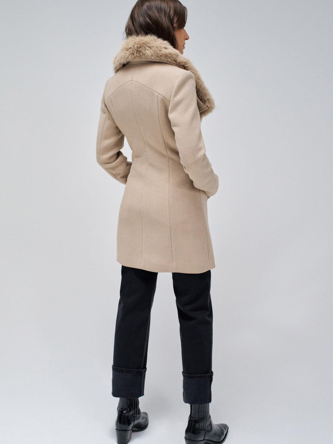 Manteau en laine col fausse fourrure beige femme - Salsa