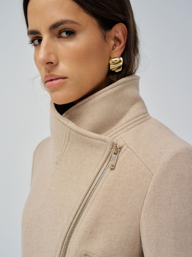 Manteau en laine col fausse fourrure beige femme - Salsa