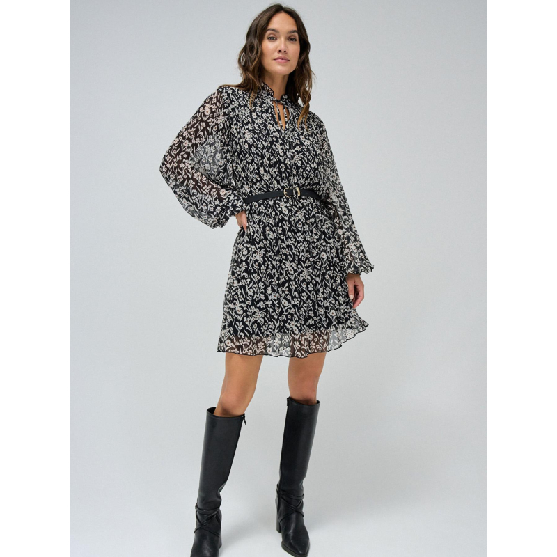 Robe plissé avec ceinture à motif floral noir femme - Salsa