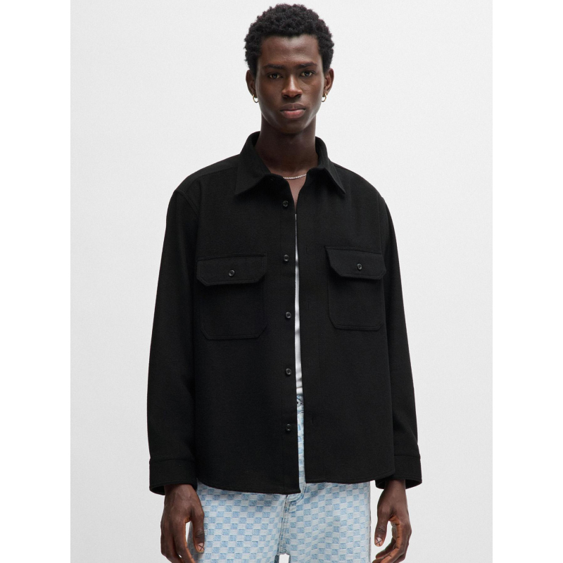 Chemise oversize en flanelle brossée elbolt noir homme - Hugo