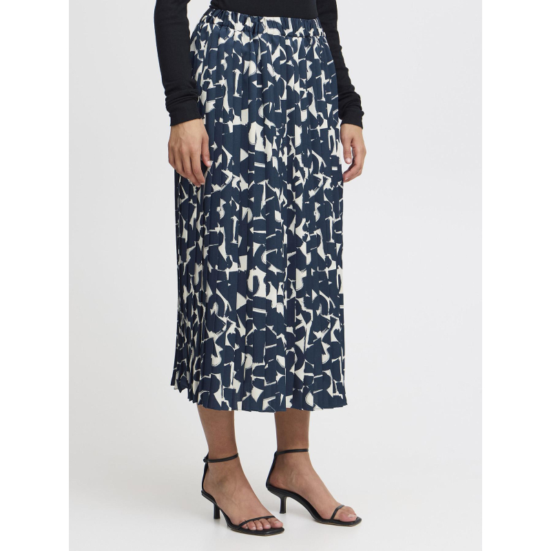 Jupe plissée imprimée graphi bleu marine femme - Ichi