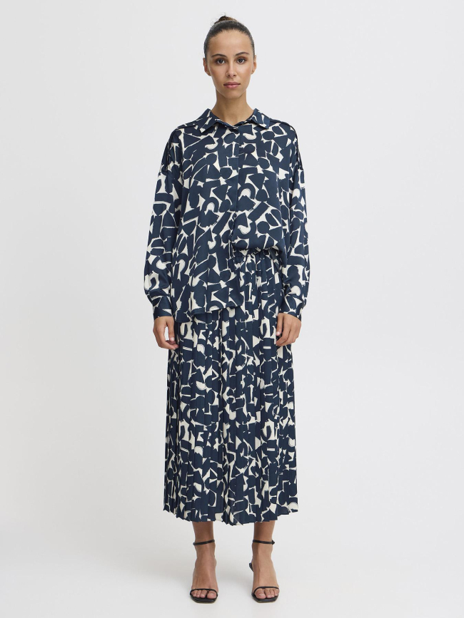 Jupe plissée imprimée graphi bleu marine femme - Ichi