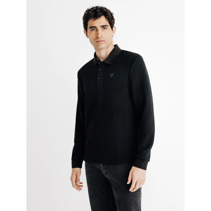 Polo à manches longues nid d'abeille noir homme - Izac