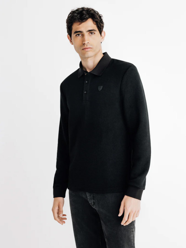 Polo à manches longues nid d'abeille noir homme - Izac