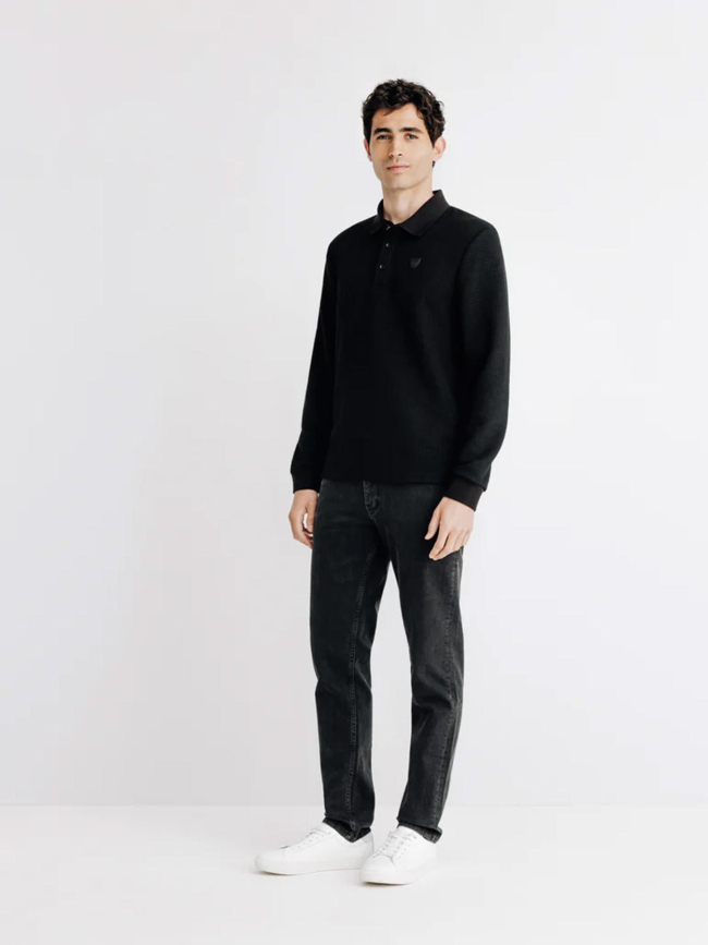 Polo à manches longues nid d'abeille noir homme - Izac