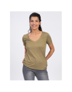 T-shirt à col v brillant kaki femme - Sun Valley