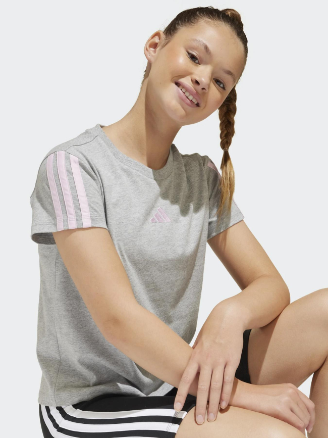 T-shirt de sport à manches courtes 3 stripes gris fille - Adidas