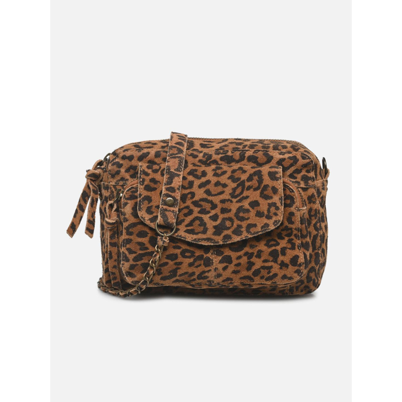 Sac bandoulière en daim à motif léopard marron femme - Pieces