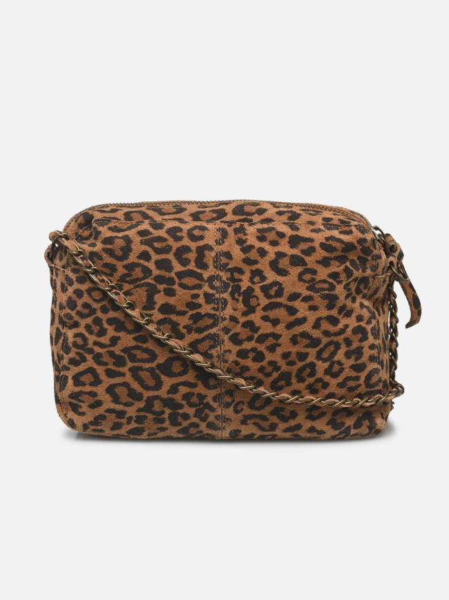 Sac bandoulière en daim à motif léopard marron femme - Pieces