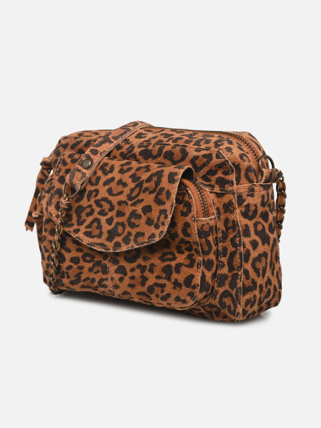 Sac bandoulière en daim à motif léopard marron femme - Pieces