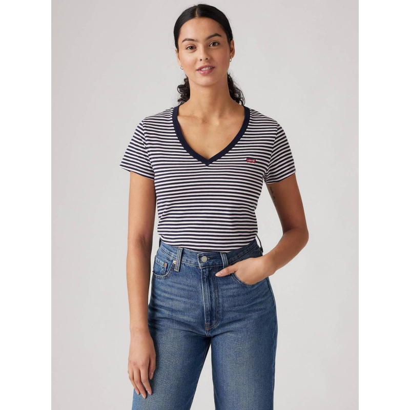T-shirt manches courtes à rayures et col v blanc femme - Levi's