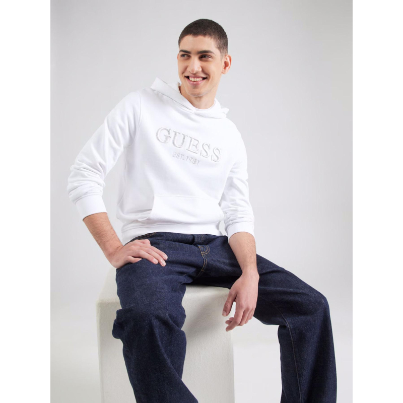 Sweat à capuche logo relief frontal blanc homme - Guess