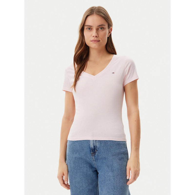 T-shirt col v slim uni rose femme - Tommy Jeans