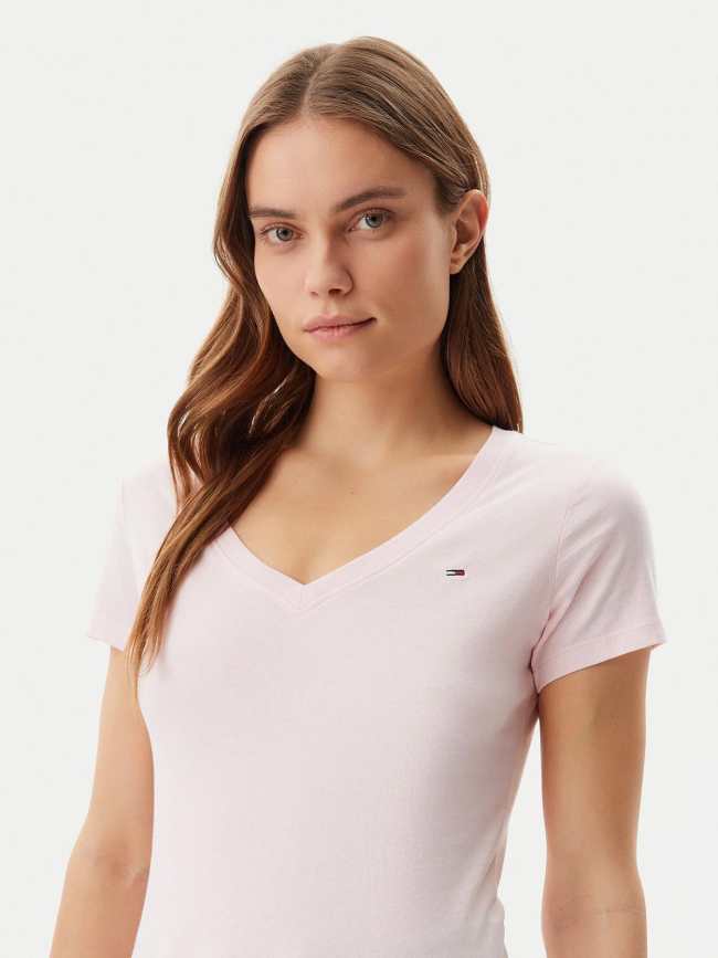 T-shirt col v slim uni rose femme - Tommy Jeans