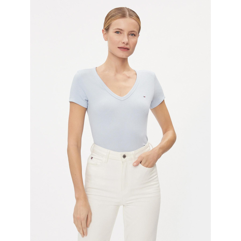 T-shirt côtelé col v slim bleu femme - Tommy Jeans