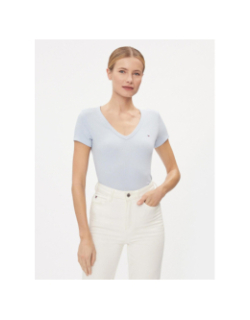 T-shirt côtelé col v slim bleu femme - Tommy Jeans