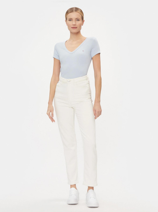 T-shirt côtelé col v slim bleu femme - Tommy Jeans