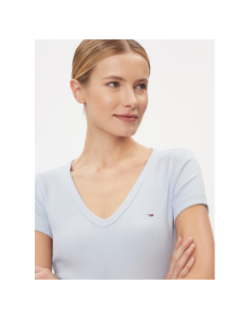 T-shirt côtelé col v slim bleu femme - Tommy Jeans