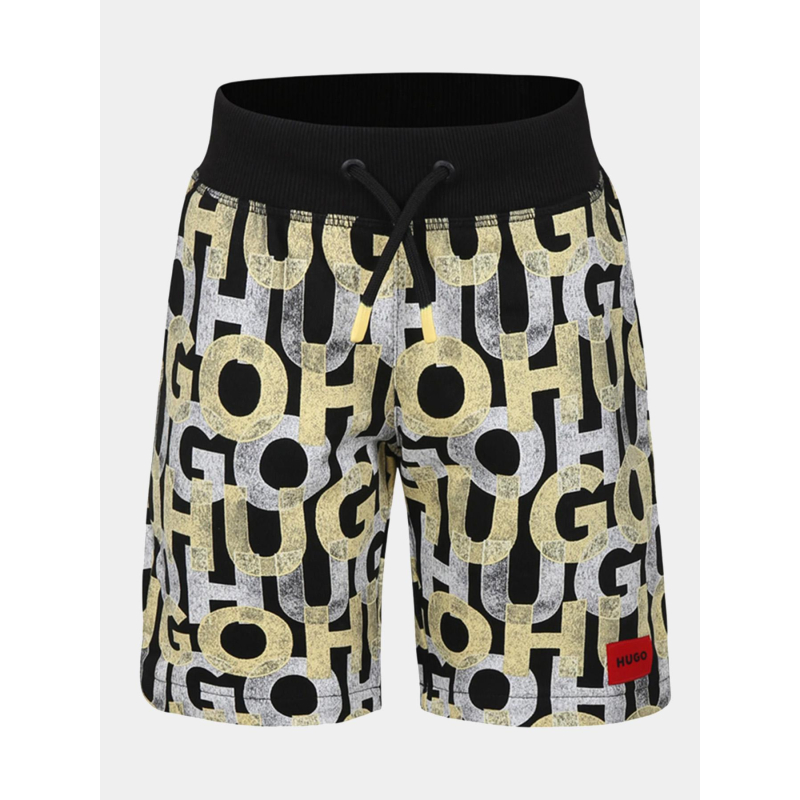 Short molleton all over noir jaune et blanc ado - Hugo